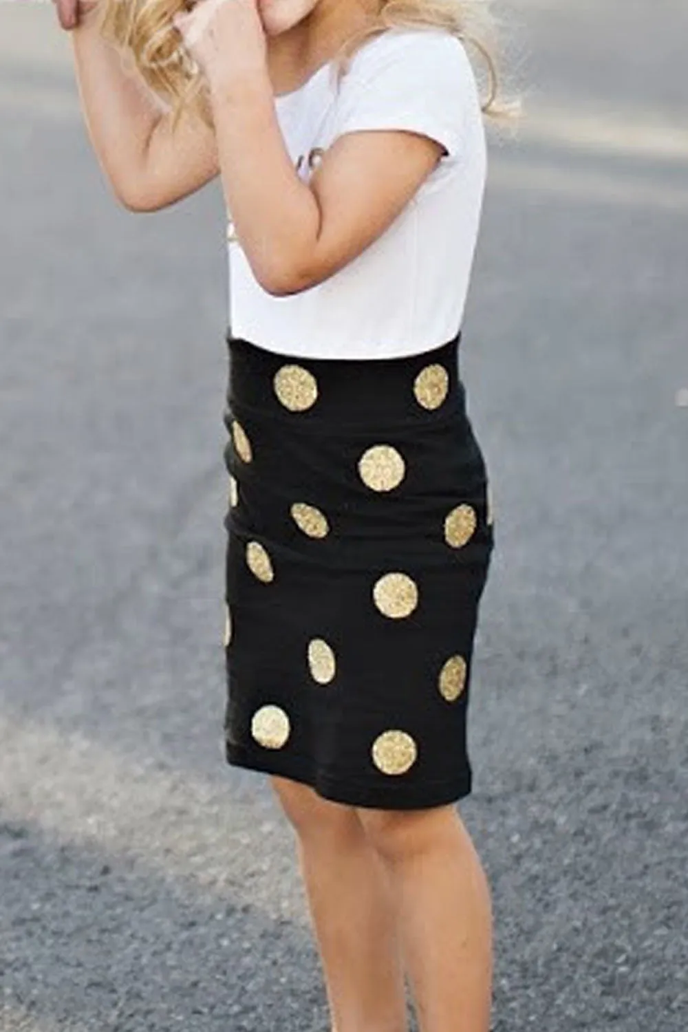 Kids Girls Excellent Polka Doted Skirt Letter Pattern T-Shirt Awesome Outfit Set - KGCS116440