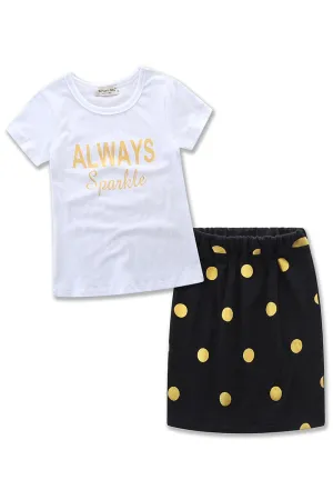 Kids Girls Excellent Polka Doted Skirt Letter Pattern T-Shirt Awesome Outfit Set - KGCS116440