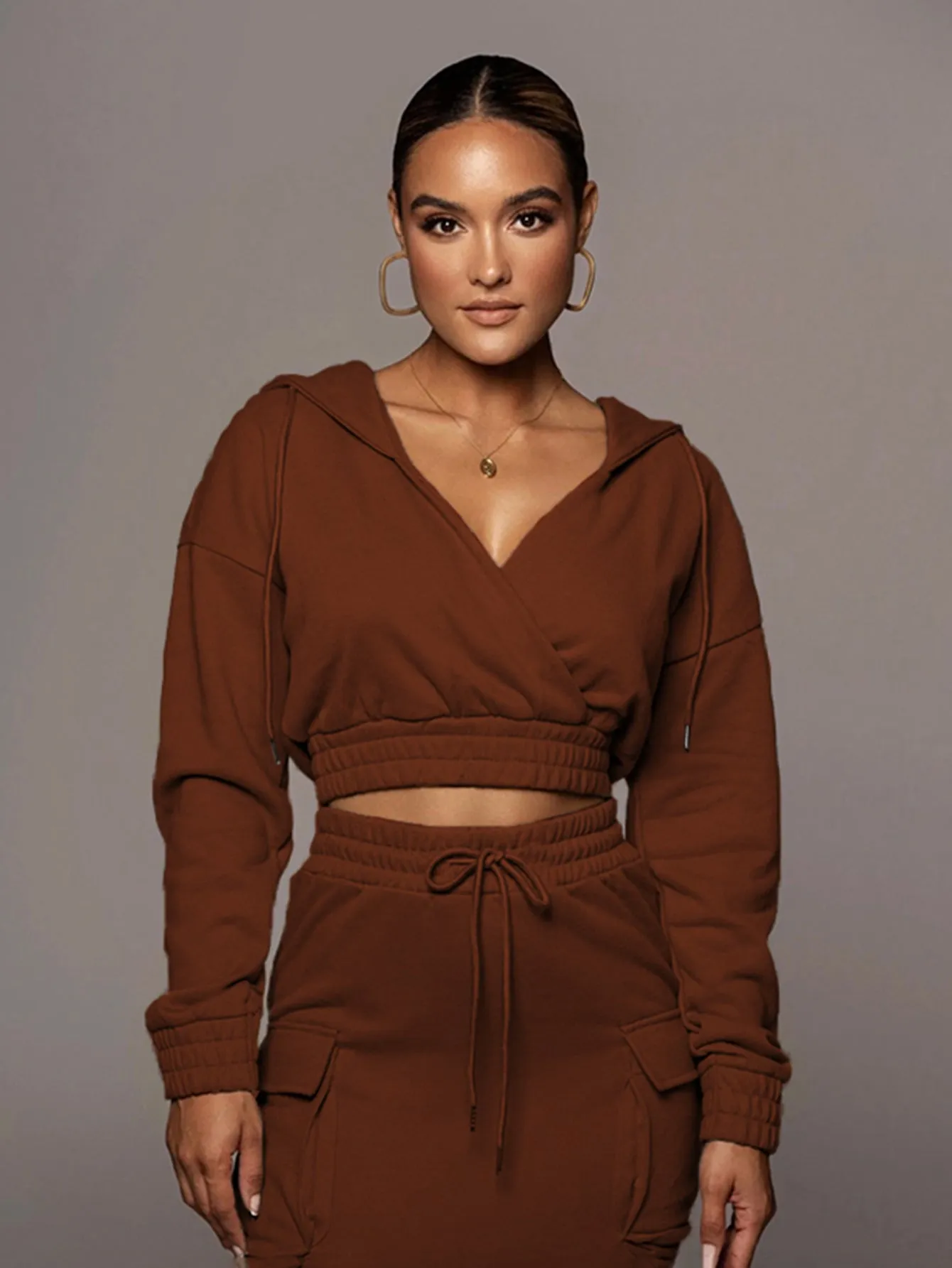 KittenAlarm - Solid V Neck Crop Hoodie&Skirt Set