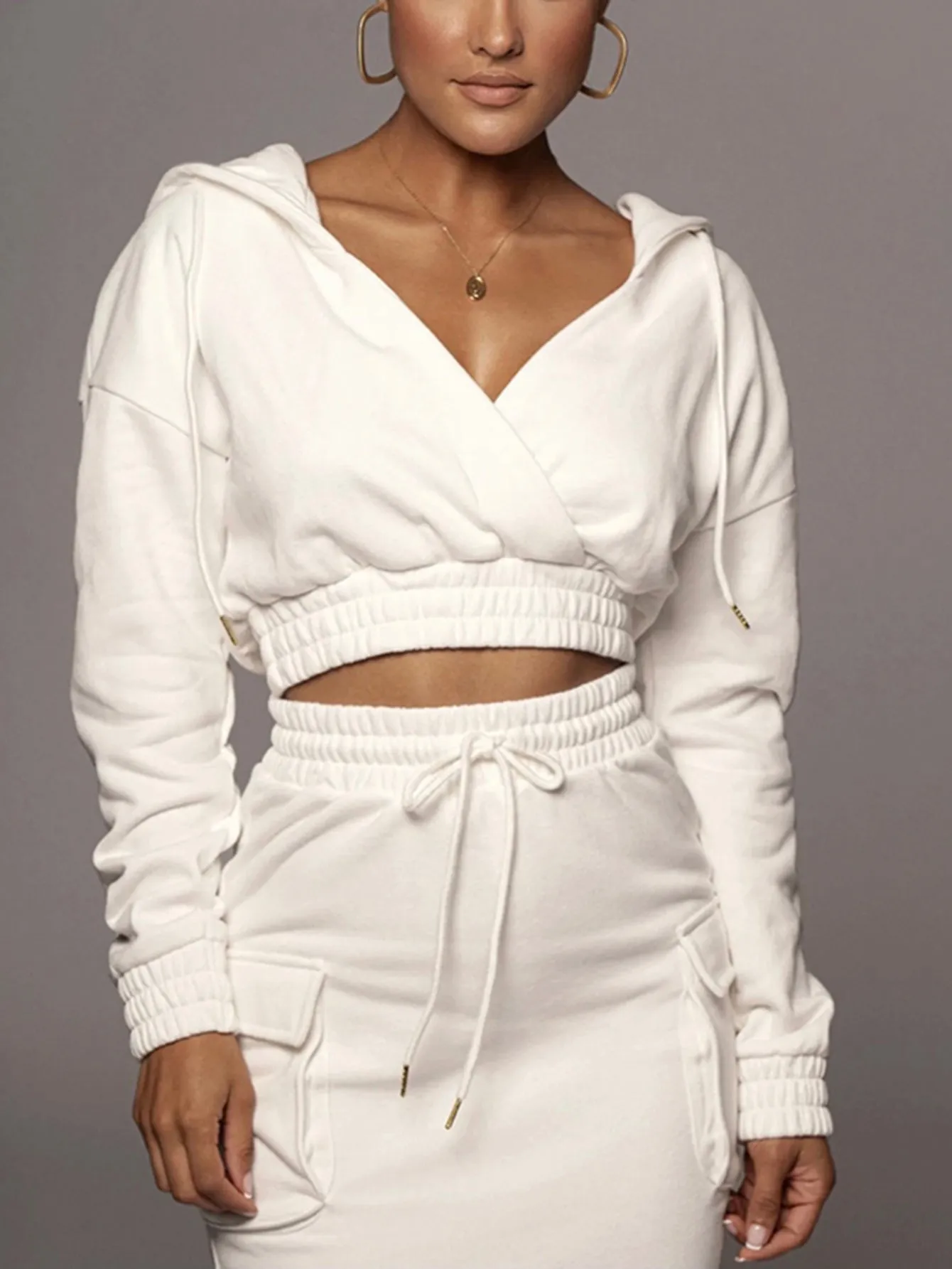 KittenAlarm - Solid V Neck Crop Hoodie&Skirt Set