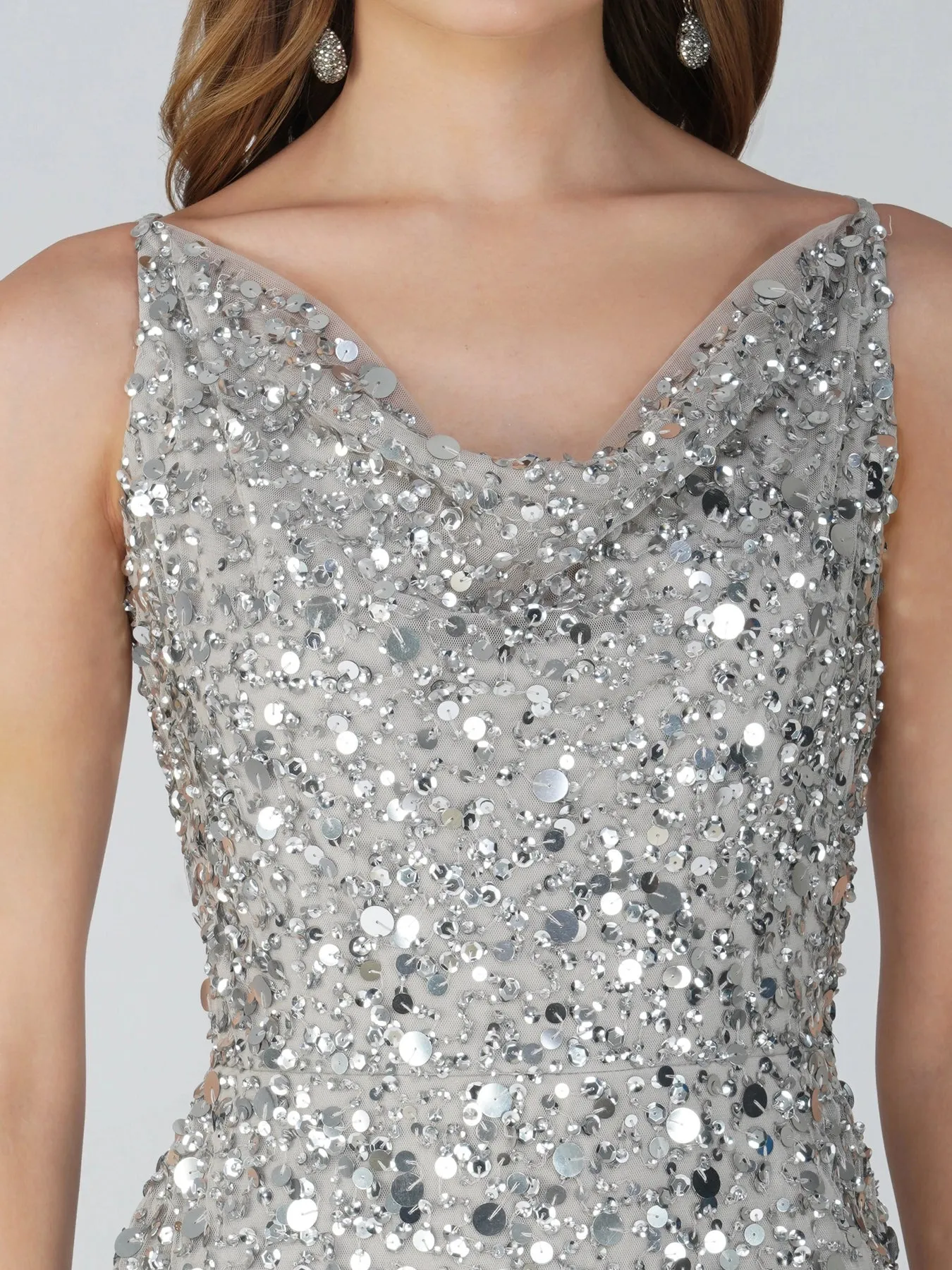 Lace And Beads Marita Embellished Silver Sequin Midi Dress