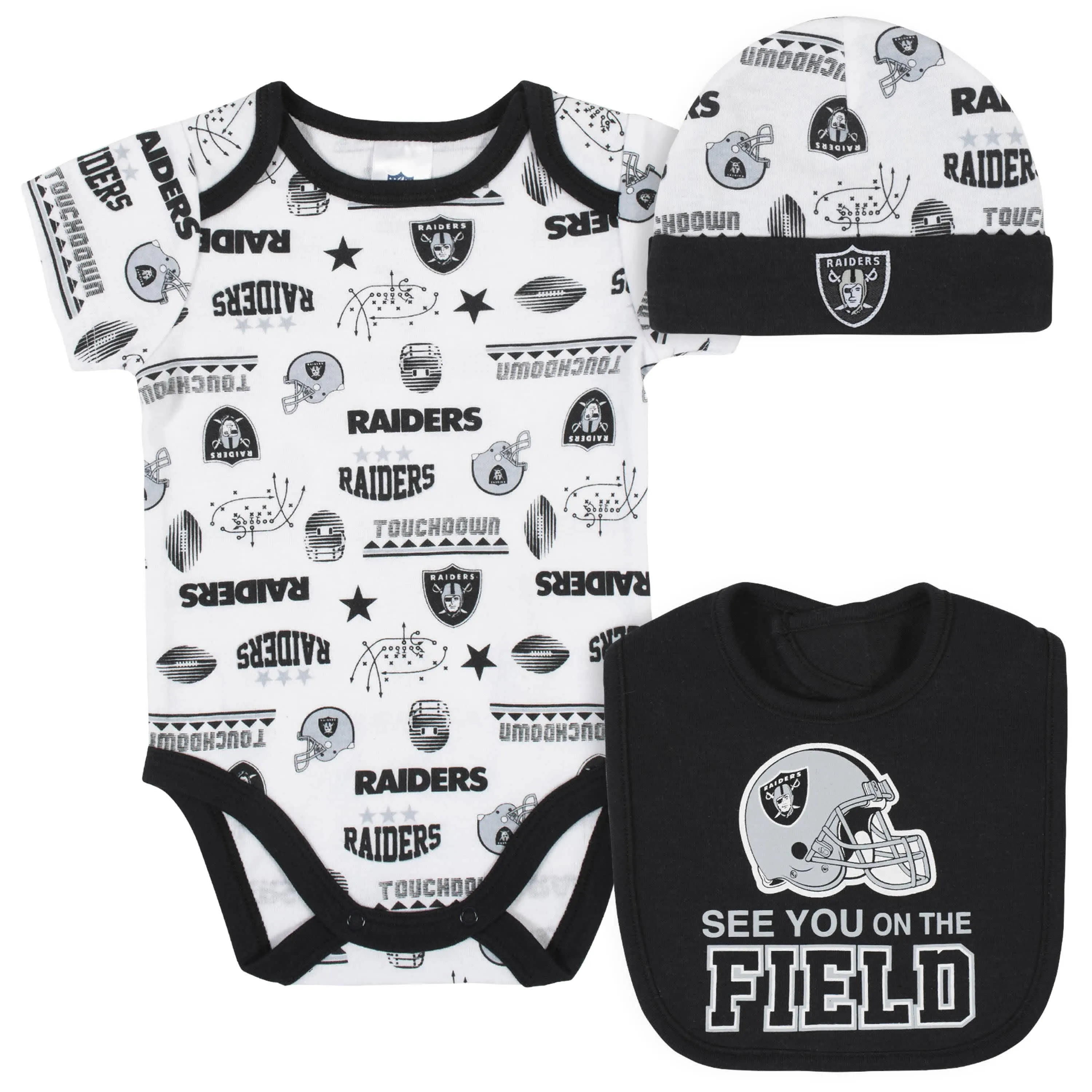 Las Vegas Raiders 3-Piece Baby Boys Bodysuit, Bib, and Cap Set