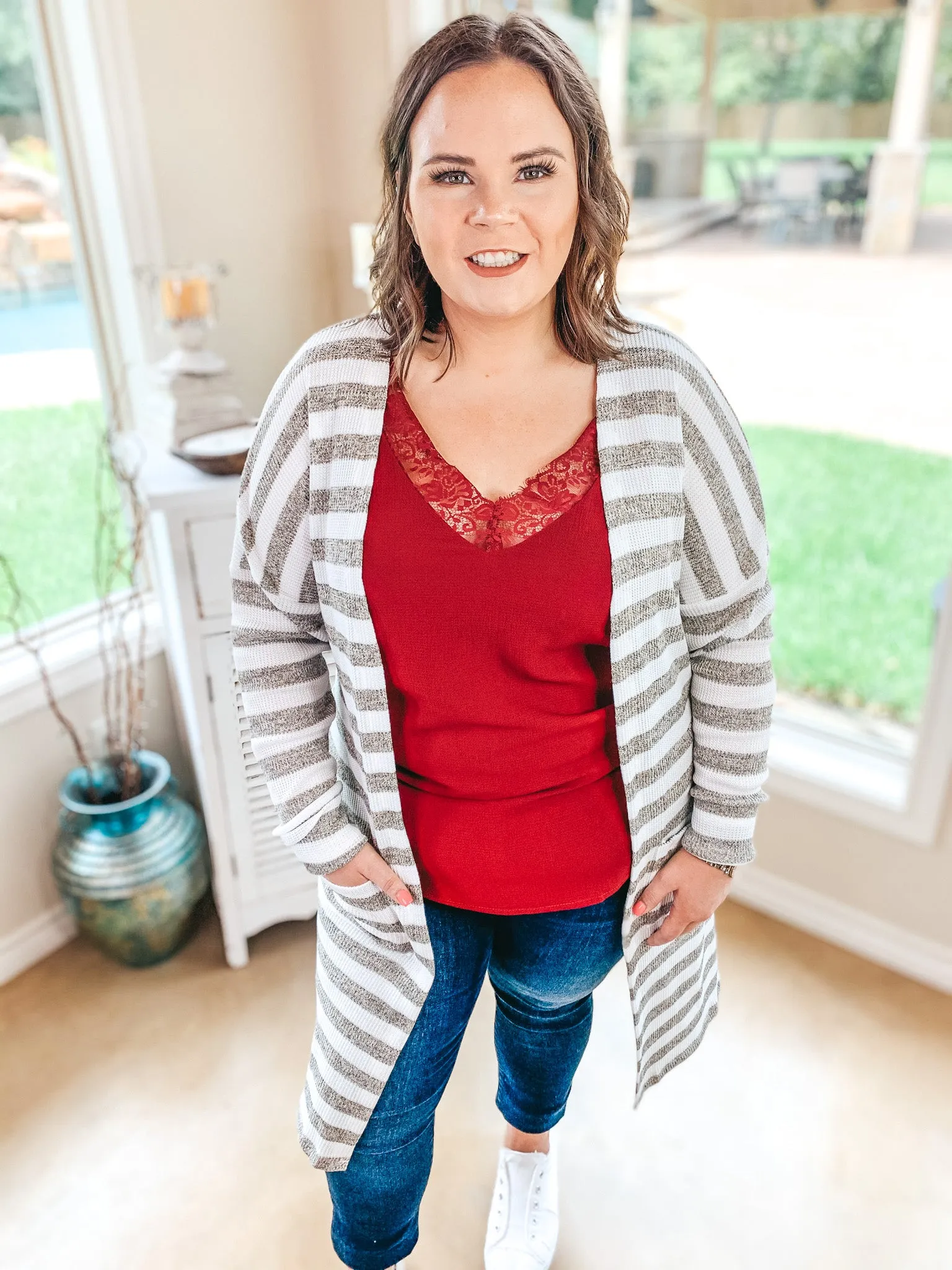 Last Chance Size Large | Trusting This Striped Cardigan with Pockets in Beige and Ivory