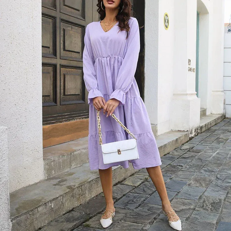 Layered Swing Casual High Waist Flare Sleeve Midi Dress