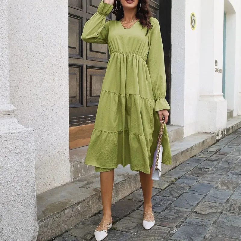 Layered Swing Casual High Waist Flare Sleeve Midi Dress