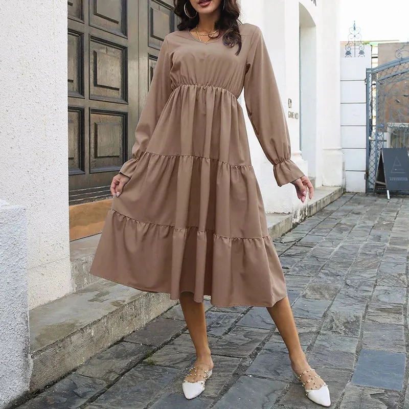 Layered Swing Flare Sleeves Solid Color High Waist A-line Midi Dress