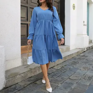 Layered Swing Flare Sleeves Solid Color High Waist A-line Midi Dress