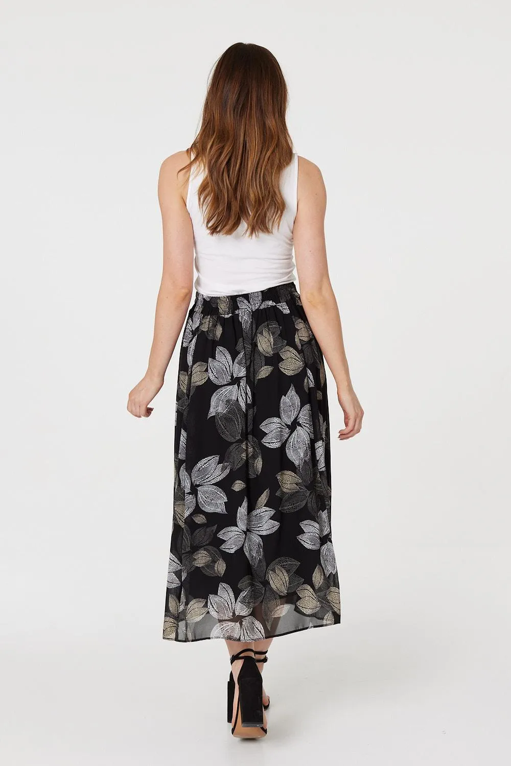 Leaf Print High Waist Midi Skirt