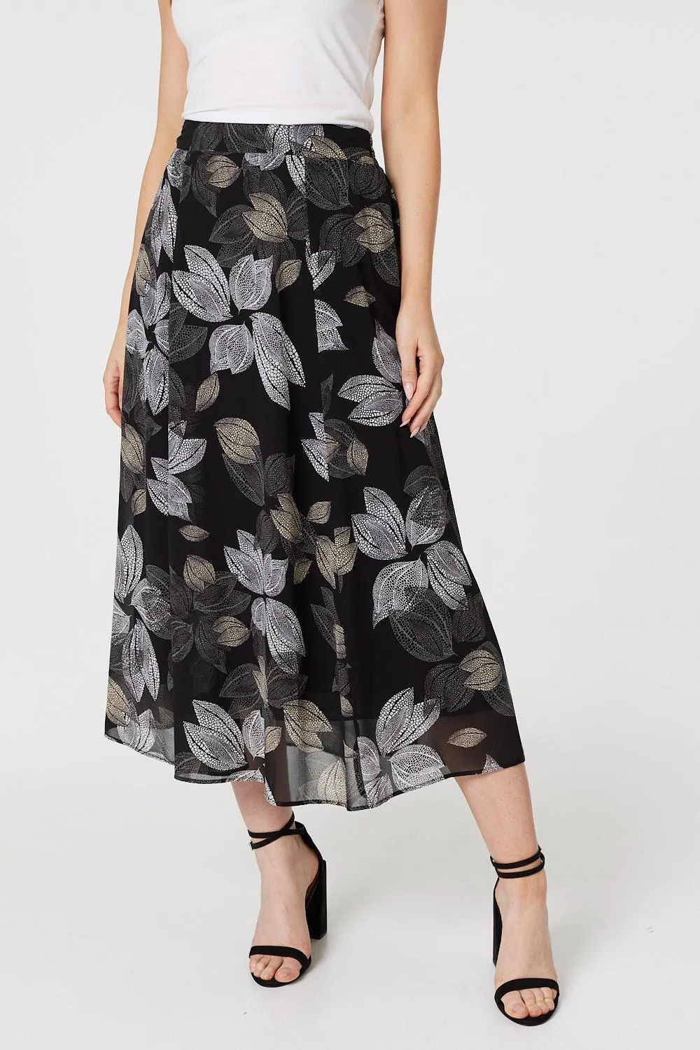 Leaf Print High Waist Midi Skirt