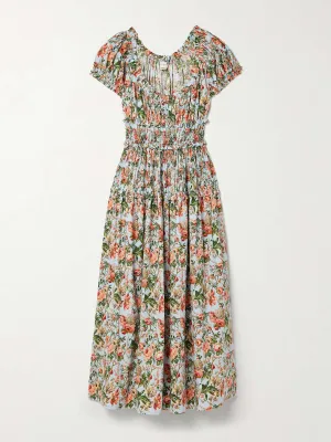 Leanne shirred floral-print cotton-voile midi dress