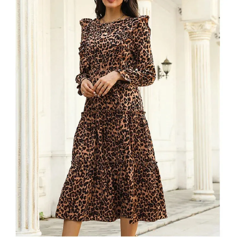 Leopard Print A-line Midi Dress - Elegant Fashion Women's Autumn 2024