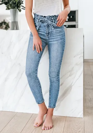 Light Blue High-Waist Acid Wash Belted Denim Skinny Jeans