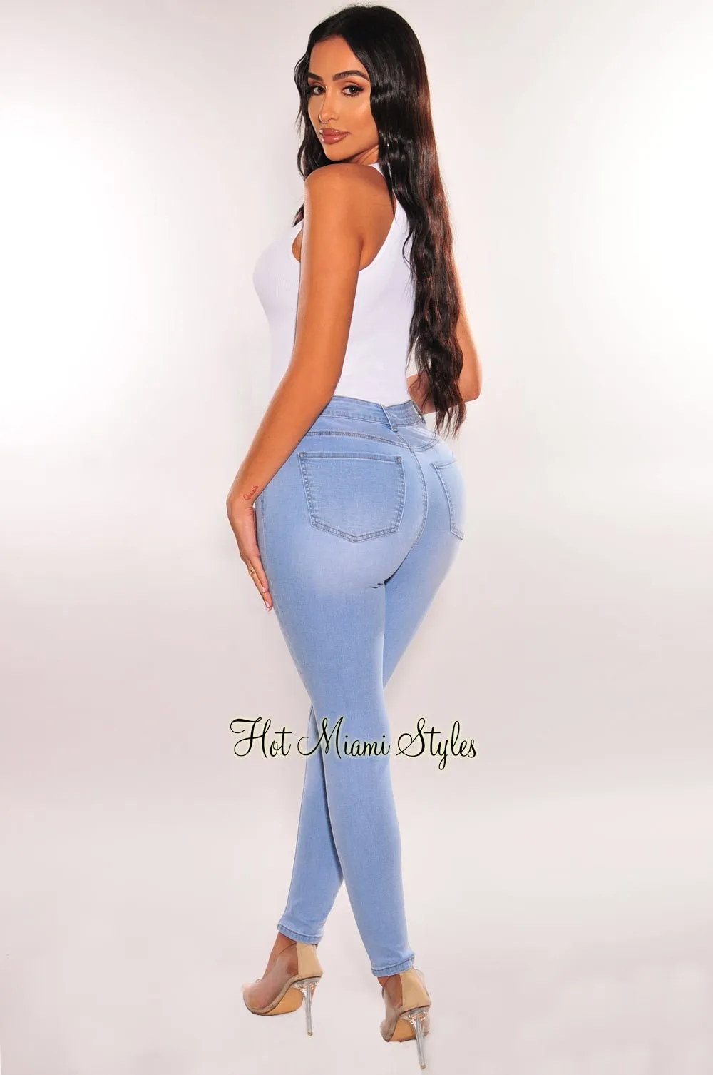 Light Denim Wash High Waisted Stretchy Skinny Jeans