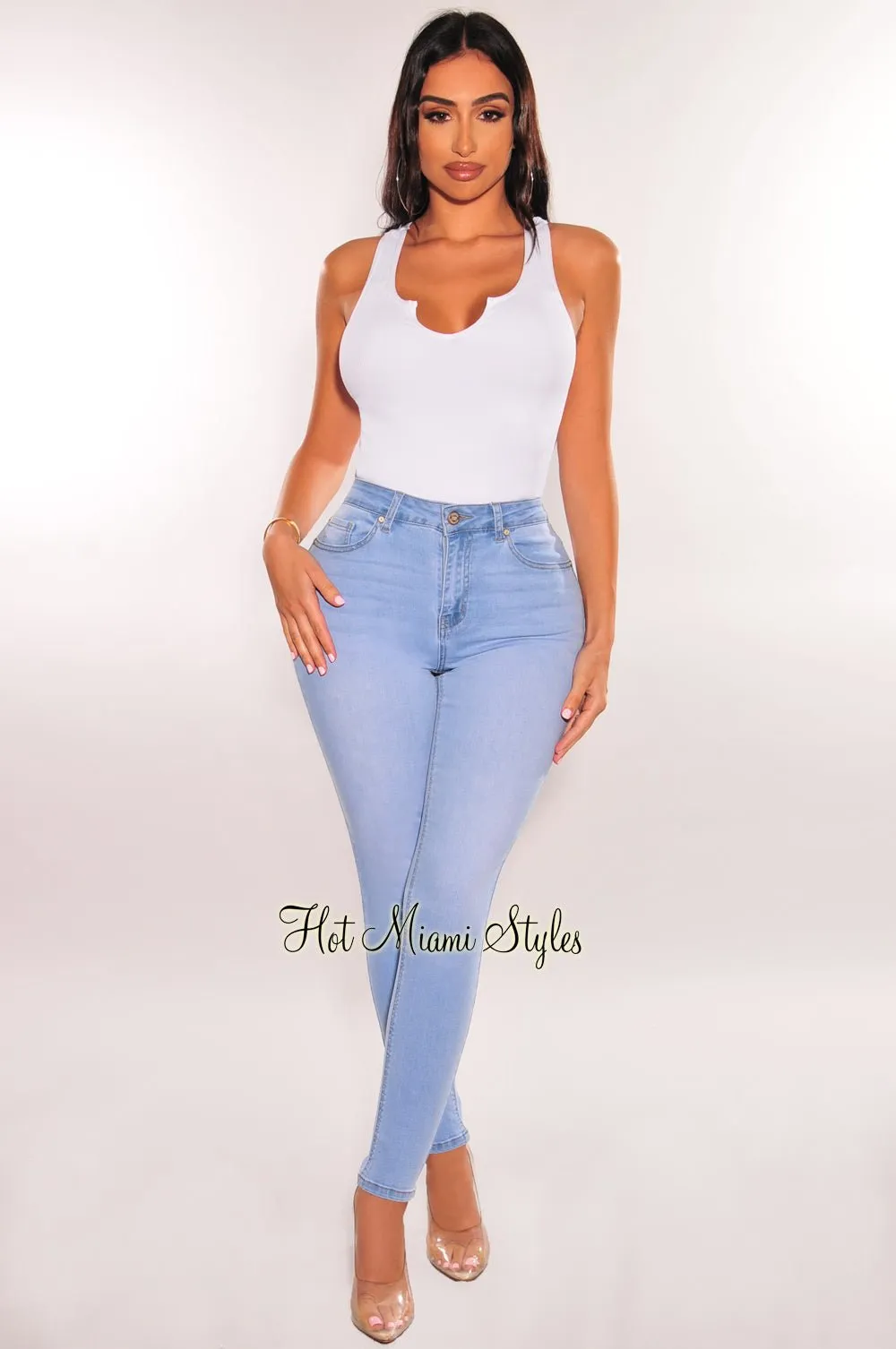 Light Denim Wash High Waisted Stretchy Skinny Jeans