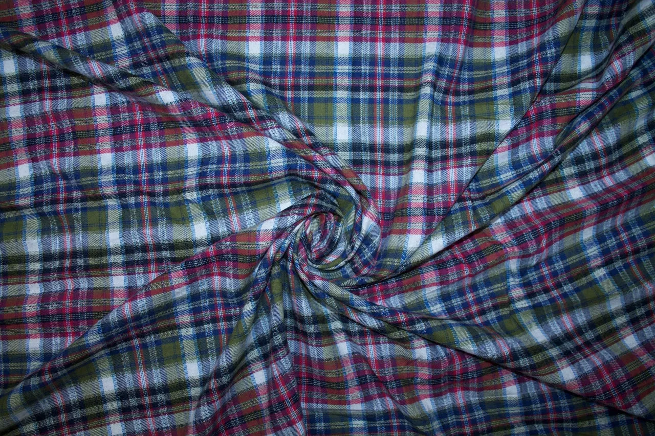 Lightweight(-ish) Yarn Dyed Plaid Cotton Flannel - Red/Blue/Olive/White