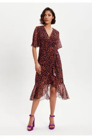 Liquorish Animal Print Organza Double Breasted Midi Dress