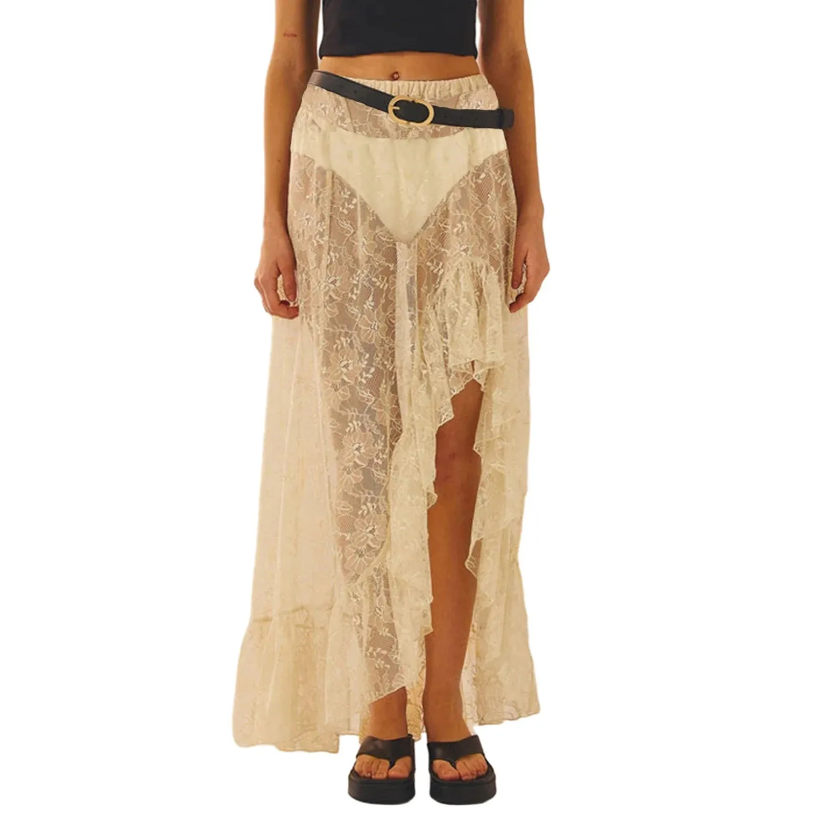 Long High Waist Split Summer Beach Ruffle Midi Lace Skirt