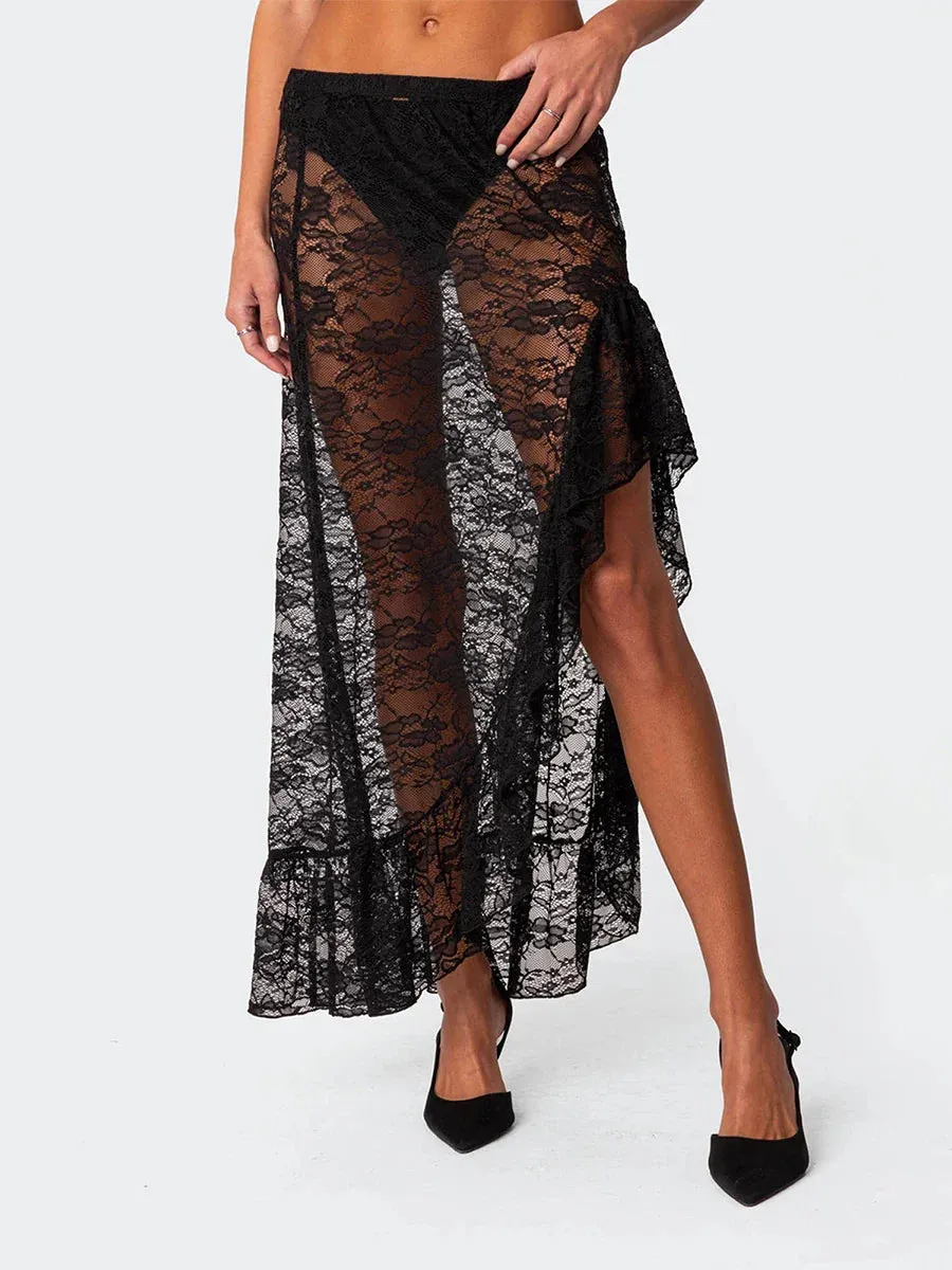 Long High Waist Split Summer Beach Ruffle Midi Lace Skirt