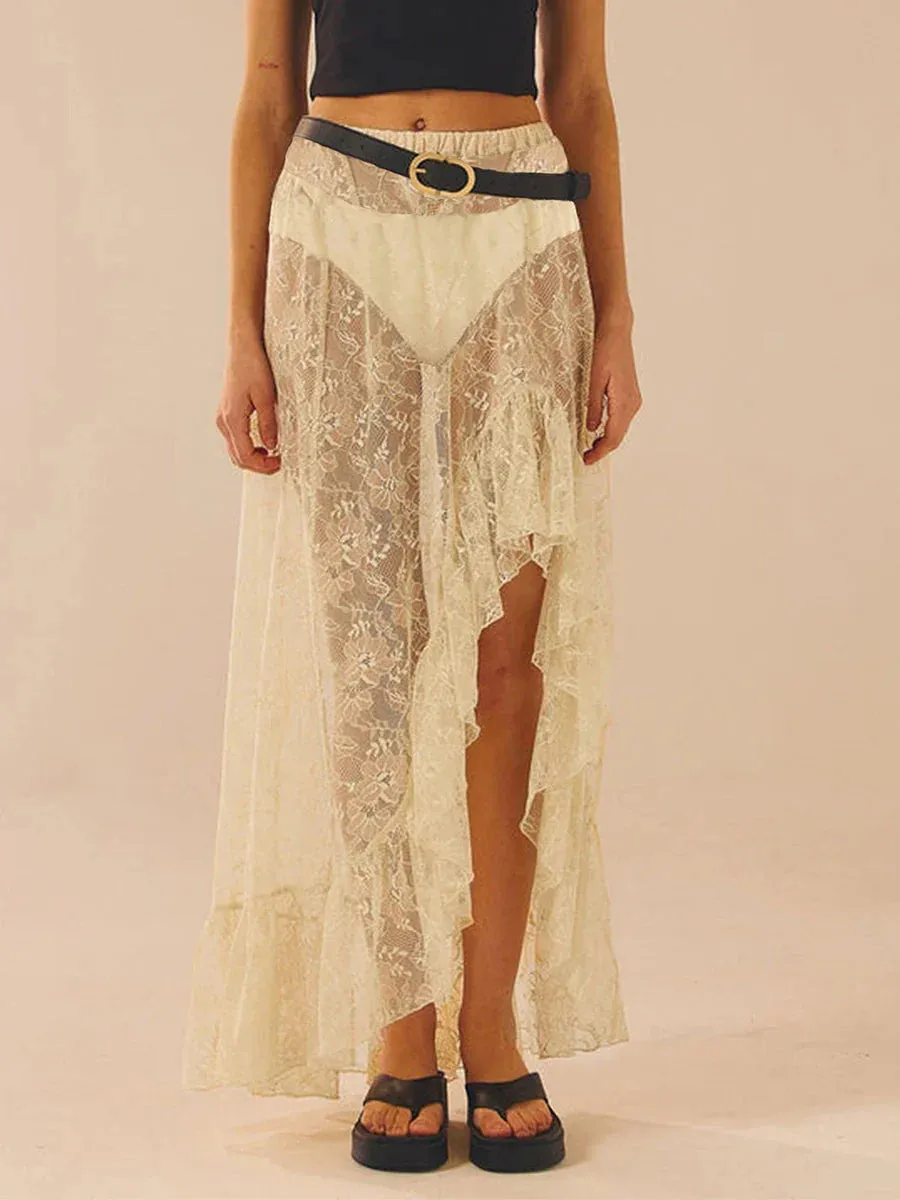 Long High Waist Split Summer Beach Ruffle Midi Lace Skirt