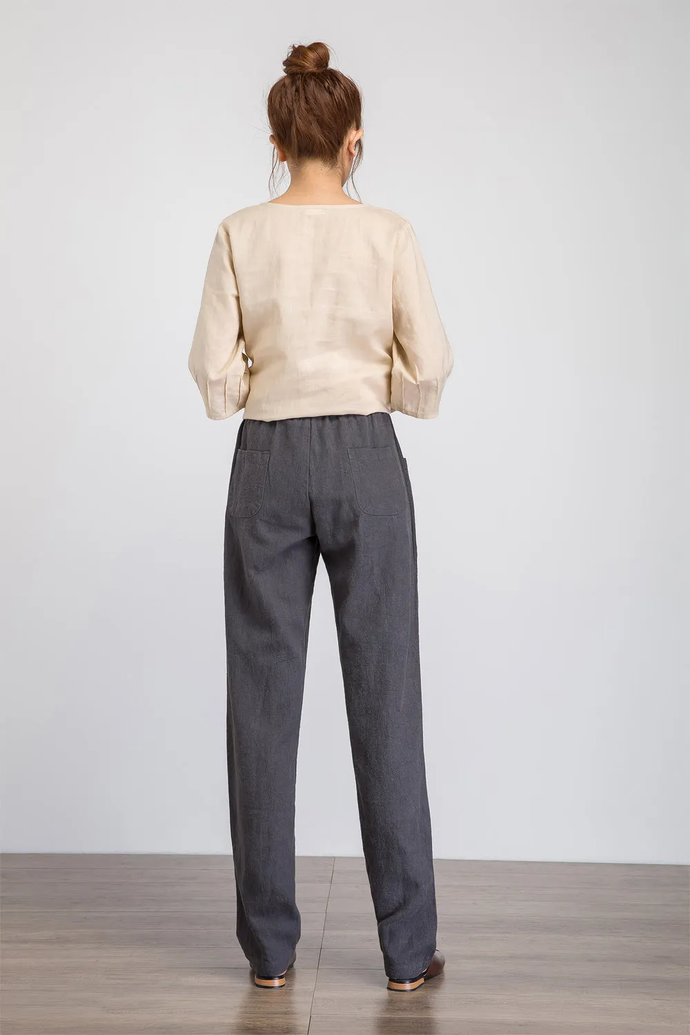 Loose fitting Womens grey linen pants with elastic waist 1930