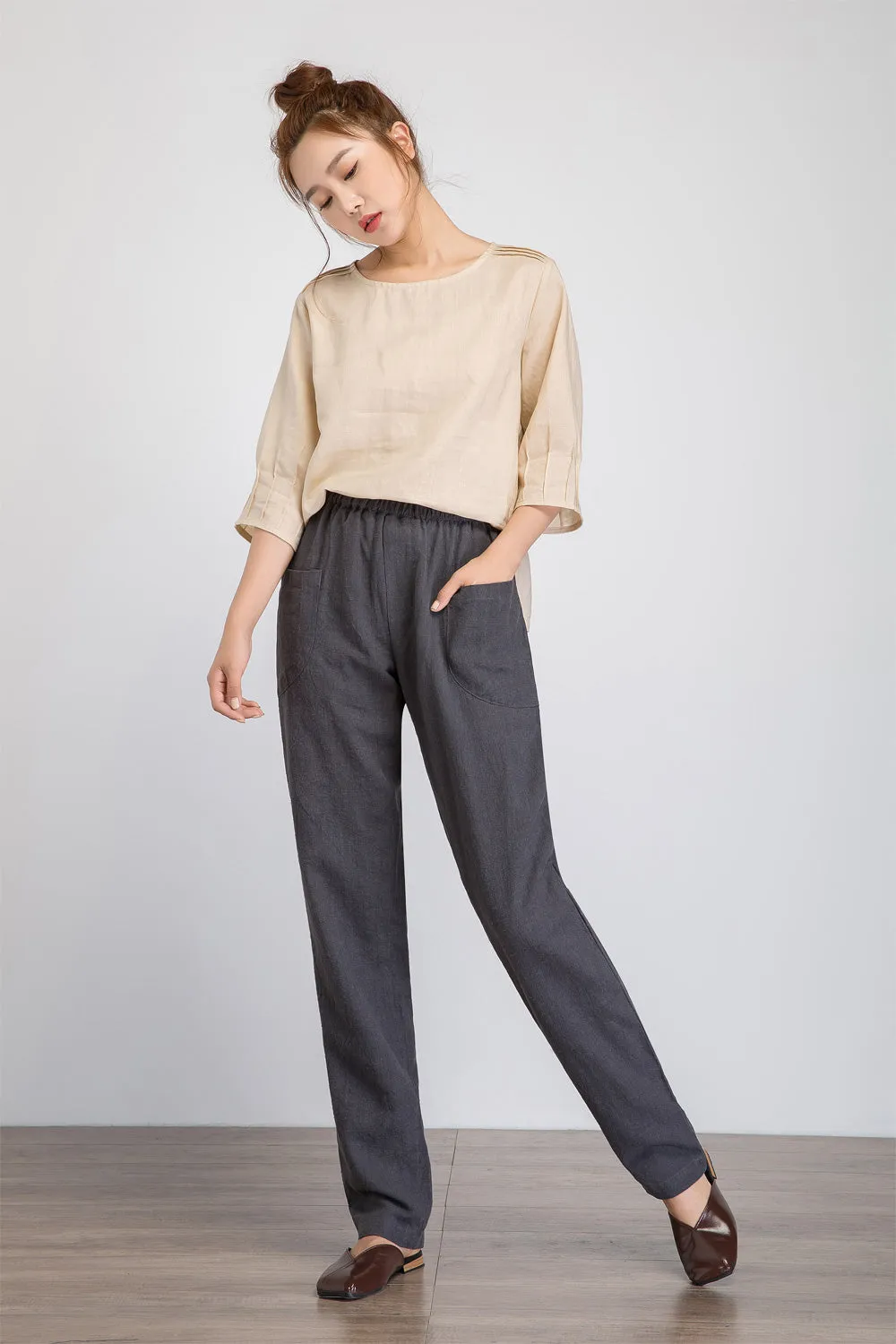 Loose fitting Womens grey linen pants with elastic waist 1930