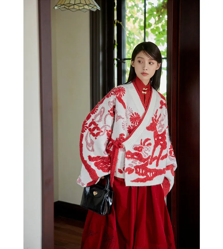 Lu Lu Lu 陆陆陆 New Chinese Style Cross Collar Knit Cardigan & Wrap Skirt Set