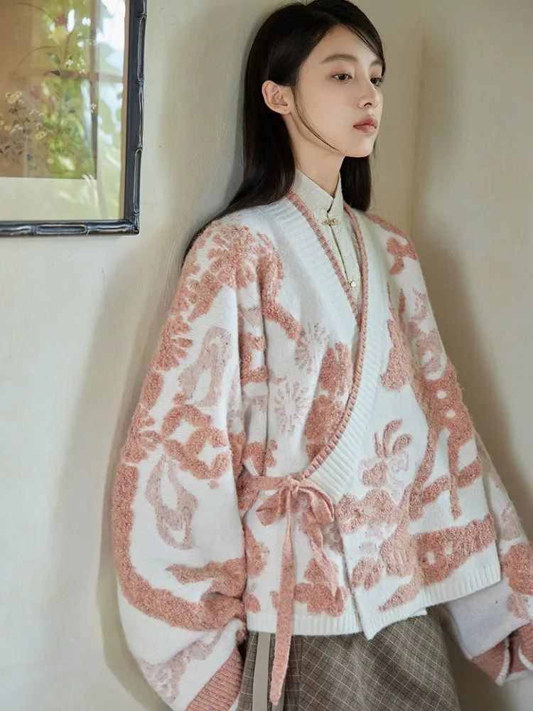 Lu Lu Lu 陆陆陆 New Chinese Style Cross Collar Knit Cardigan & Wrap Skirt Set