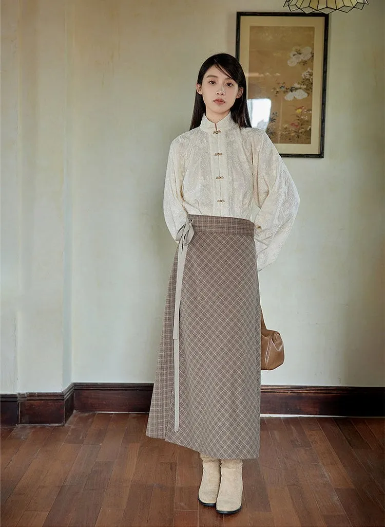 Lu Lu Lu 陆陆陆 New Chinese Style Cross Collar Knit Cardigan & Wrap Skirt Set