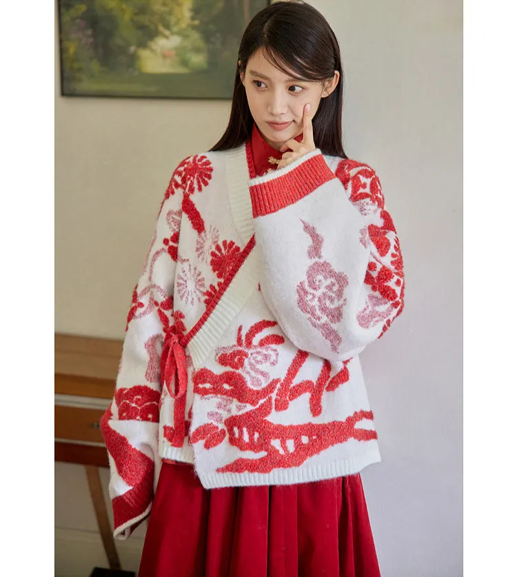 Lu Lu Lu 陆陆陆 New Chinese Style Cross Collar Knit Cardigan & Wrap Skirt Set