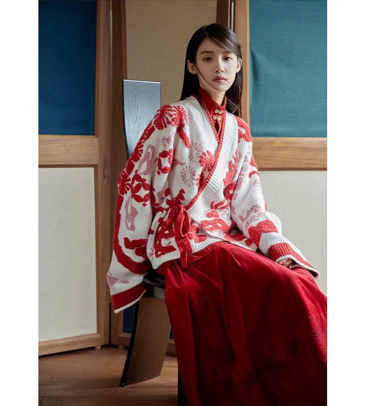 Lu Lu Lu 陆陆陆 New Chinese Style Cross Collar Knit Cardigan & Wrap Skirt Set