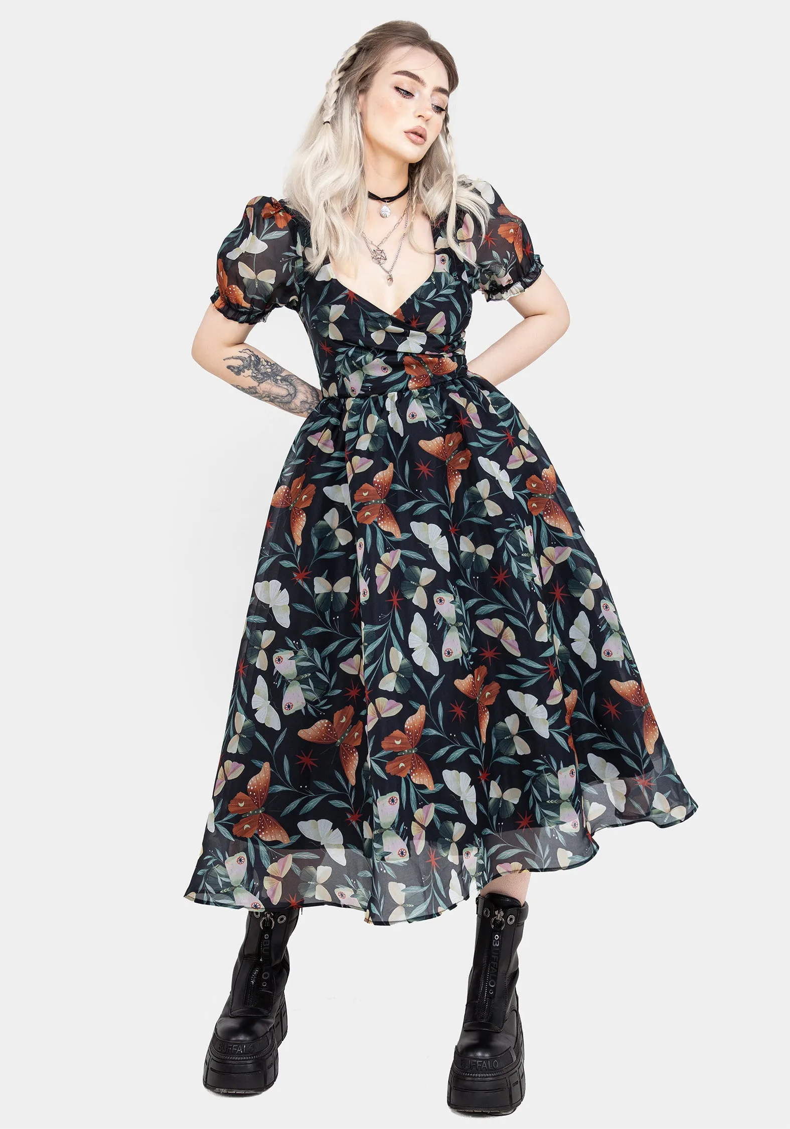 Mariposa Puff Sleeve Organza Midi Dress