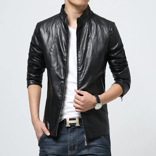 Men Stand Collar Moto Biker Leather Jackets Mens Slim Faux Leather Jacket