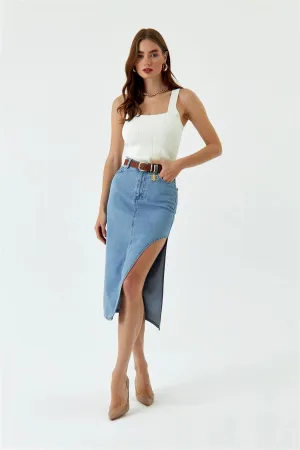 Midi denim skirt with asymmetric split detail blue