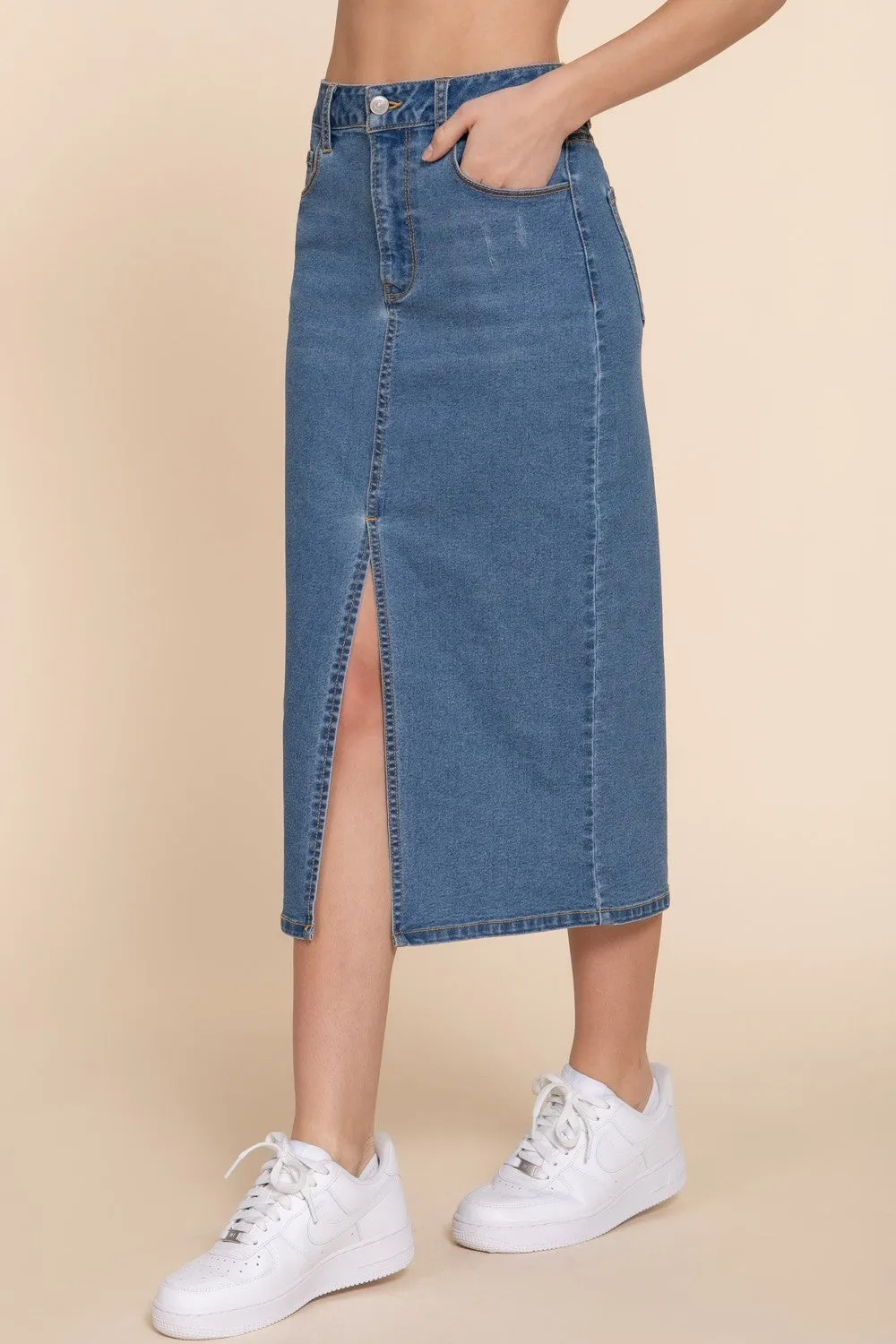 Midi Denim Skirt with Middle Slit