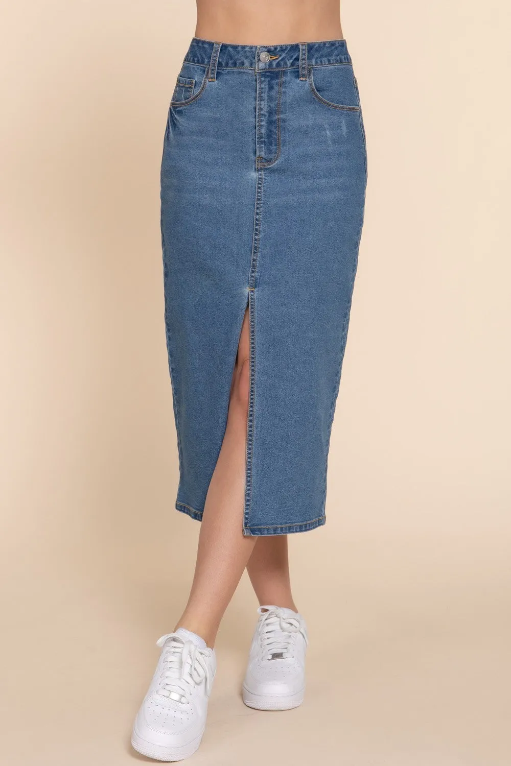 Midi Denim Skirt with Middle Slit