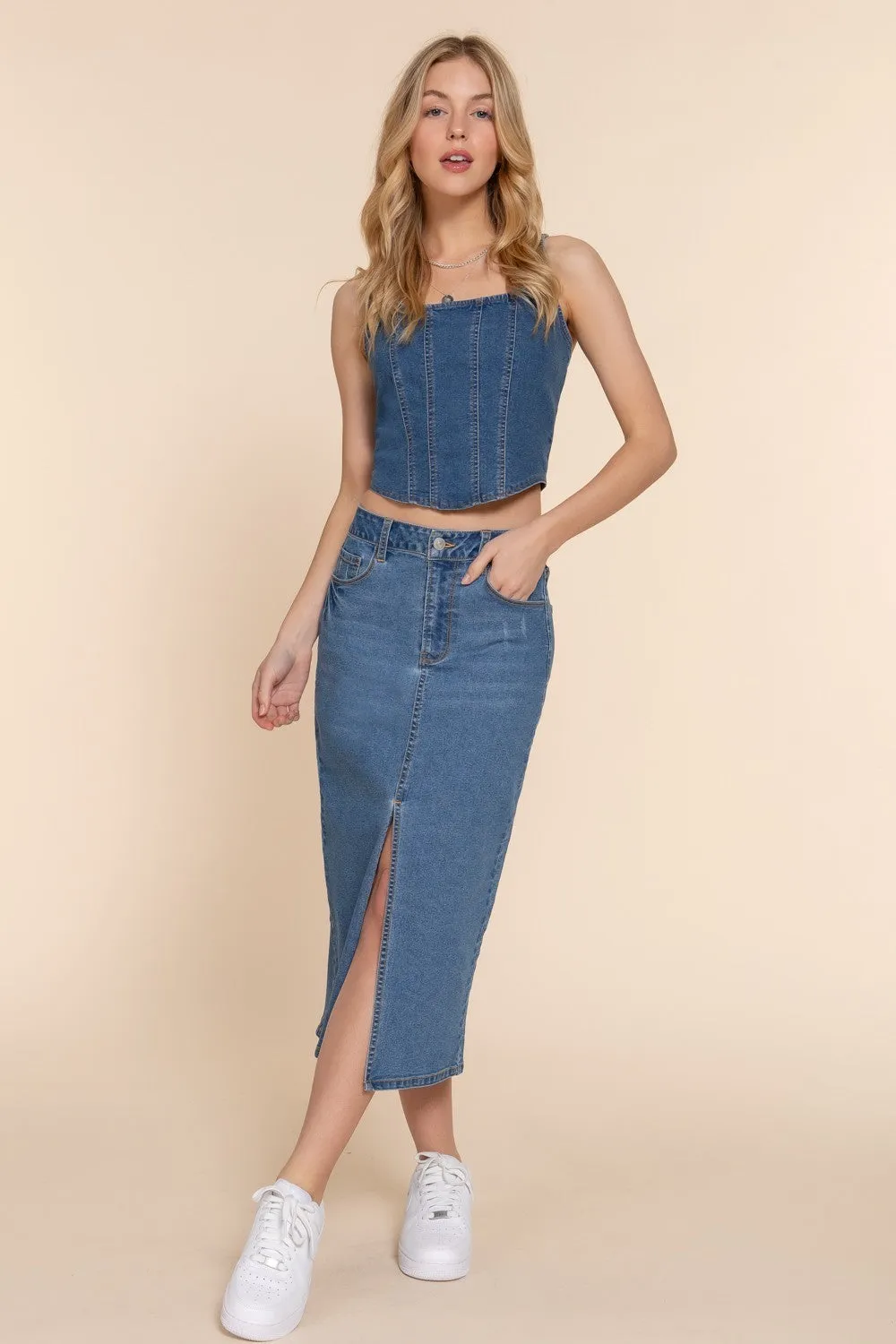 Midi Denim Skirt with Middle Slit