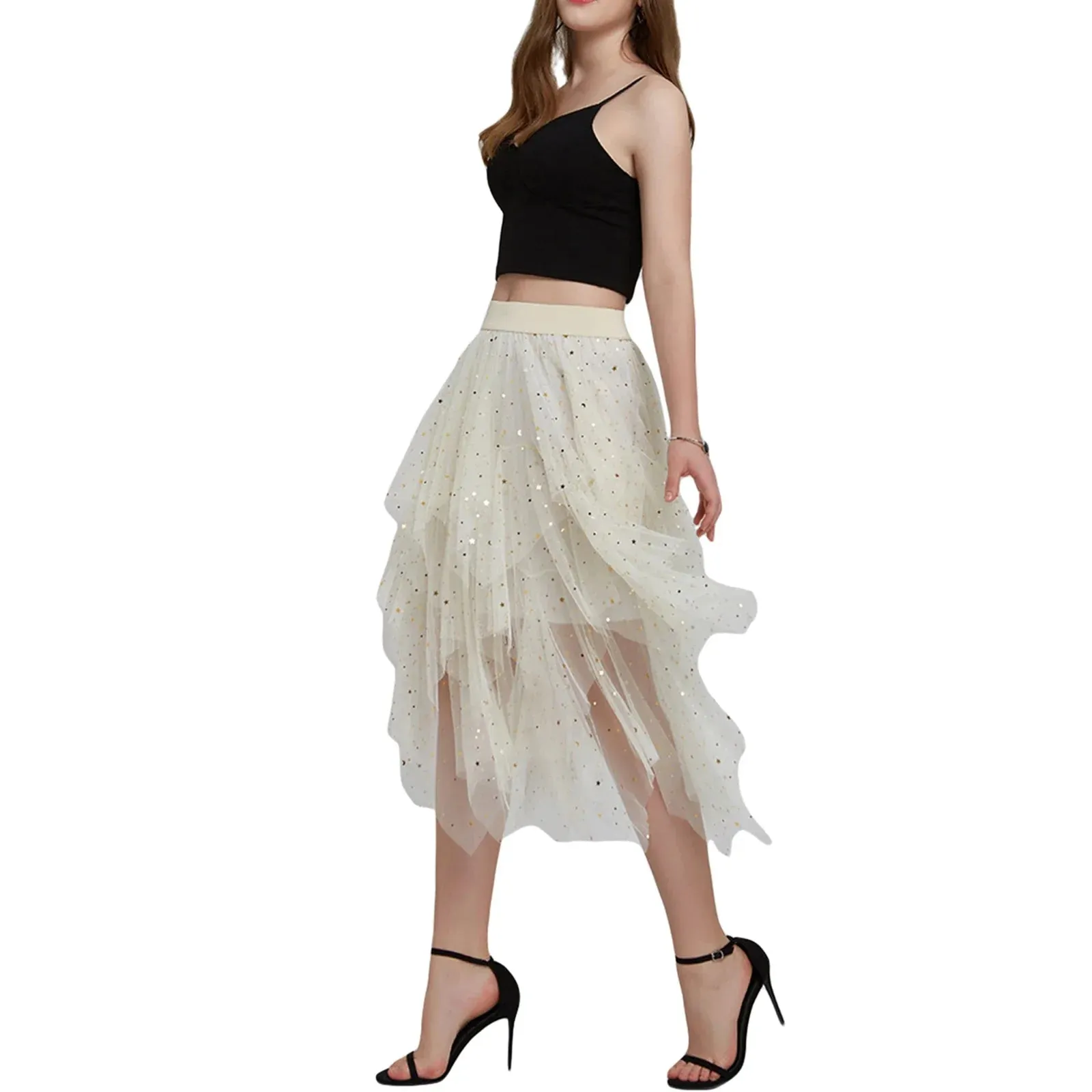 Midi Long Fairy Tiered A Line Mesh Elastic Waist Petticoat for Women Tulle Skirt