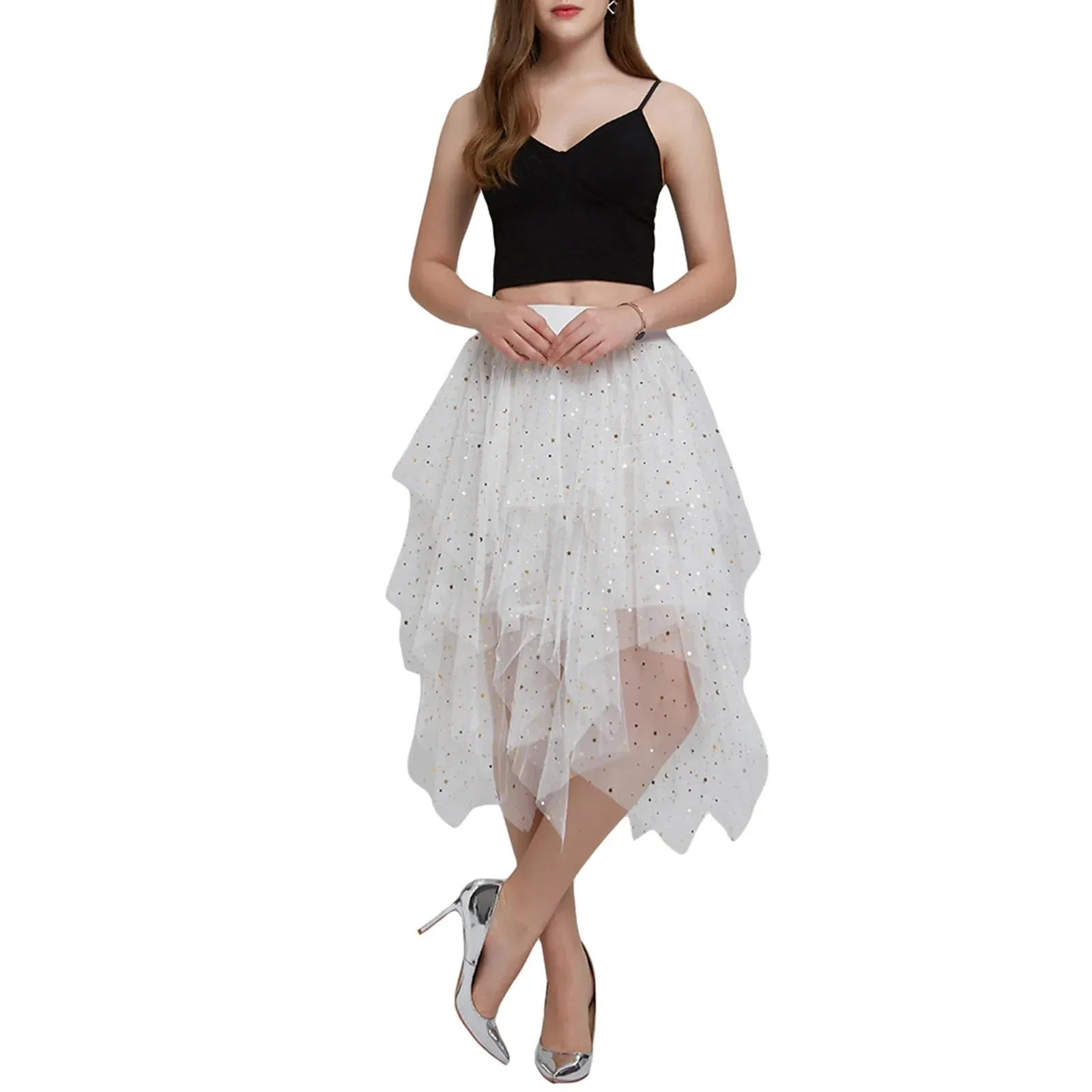 Midi Long Fairy Tiered A Line Mesh Elastic Waist Petticoat for Women Tulle Skirt