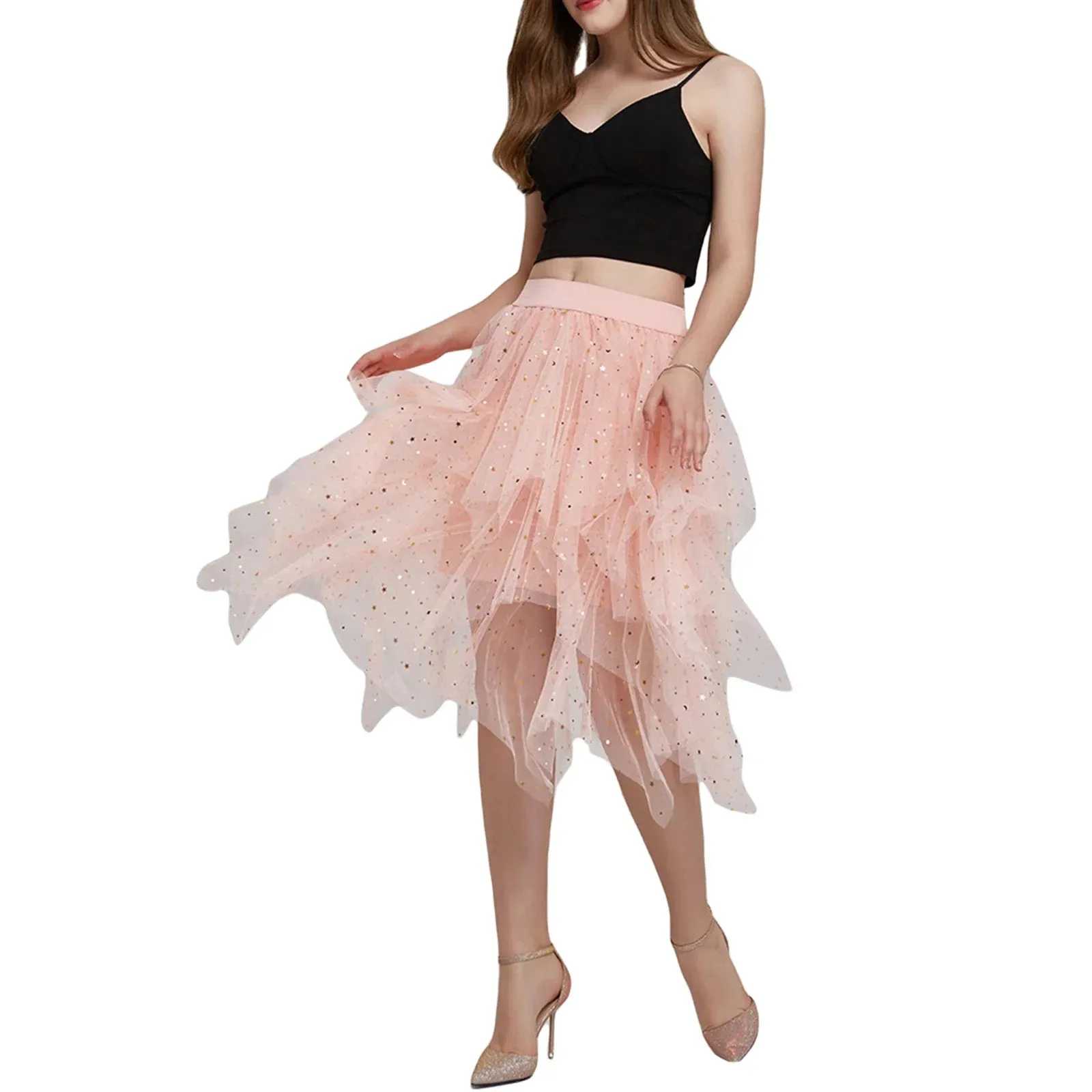 Midi Long Fairy Tiered A Line Mesh Elastic Waist Petticoat for Women Tulle Skirt