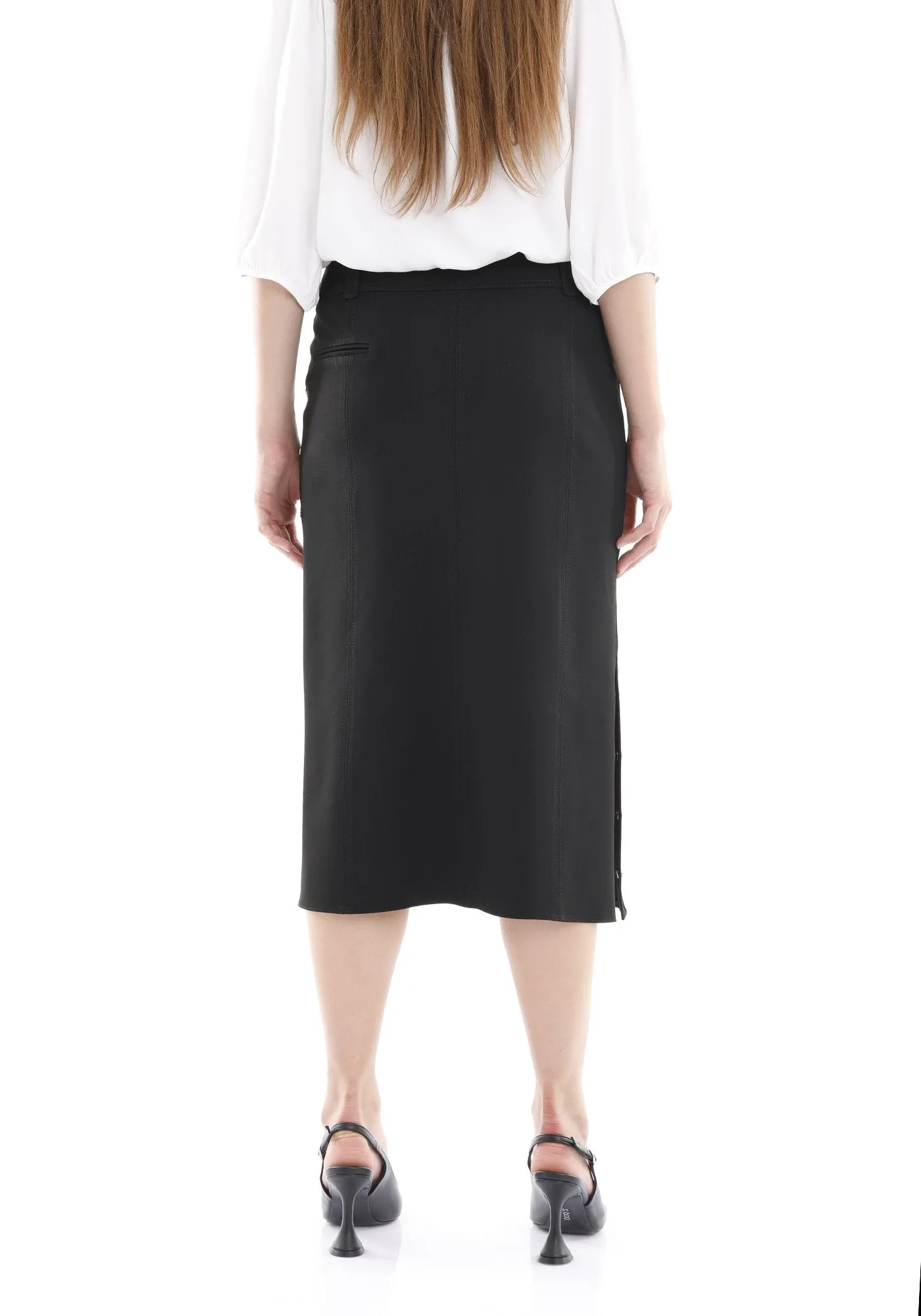 Midi Skirt Decorative Metal Snaps Side Vented