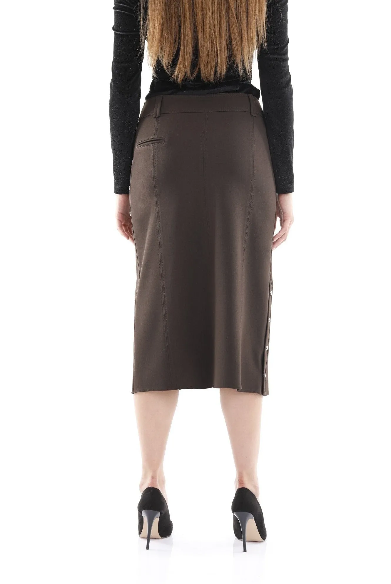 Midi Skirt Decorative Metal Snaps Side Vented