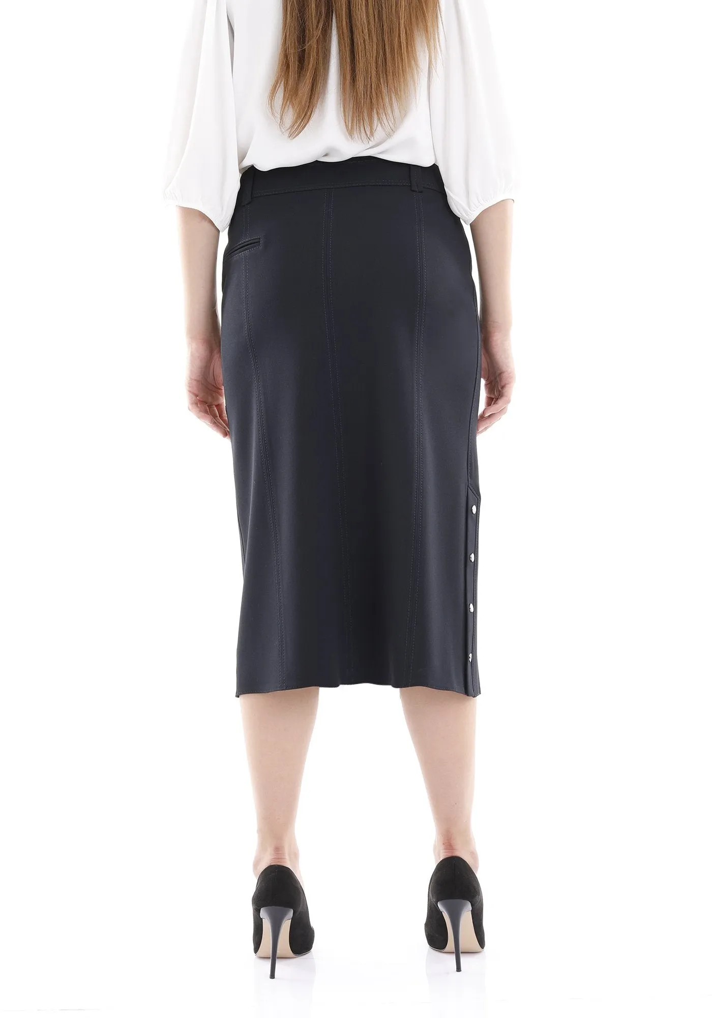 Midi Skirt Decorative Metal Snaps Side Vented