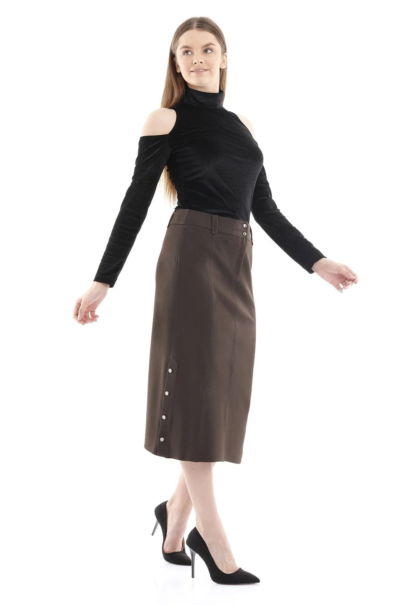 Midi Skirt Decorative Metal Snaps Side Vented