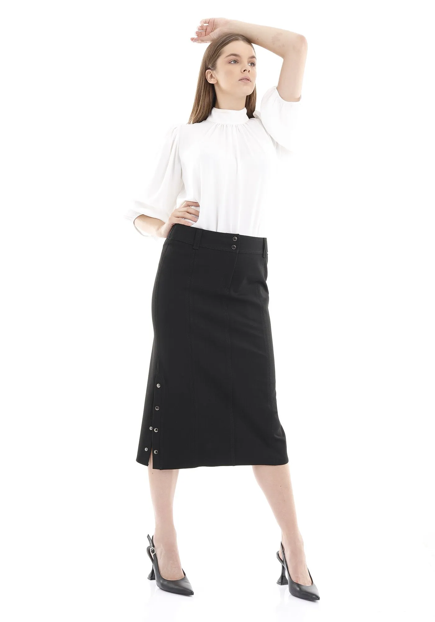 Midi Skirt Decorative Metal Snaps Side Vented