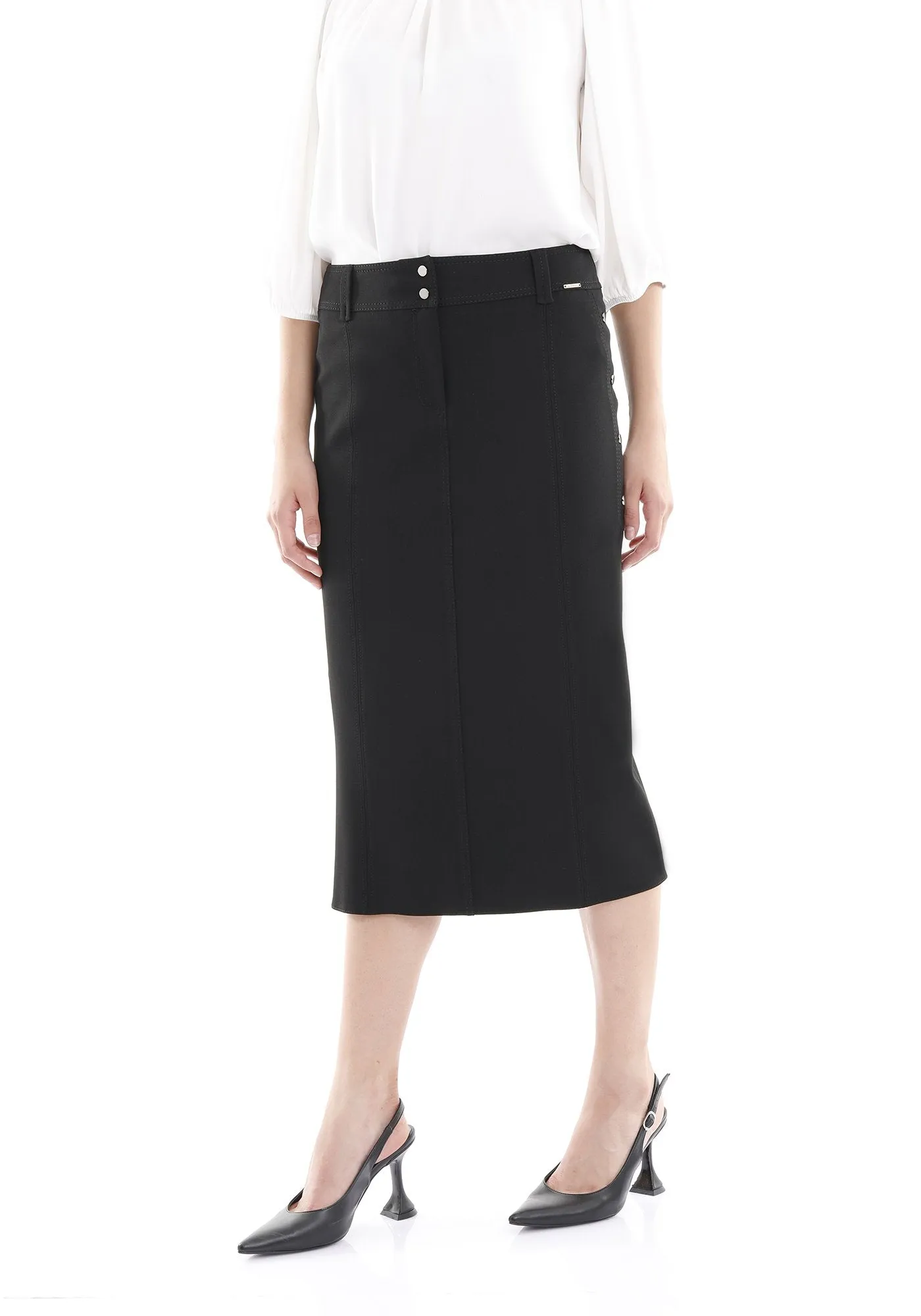 Midi Skirt Decorative Metal Snaps Side Vented