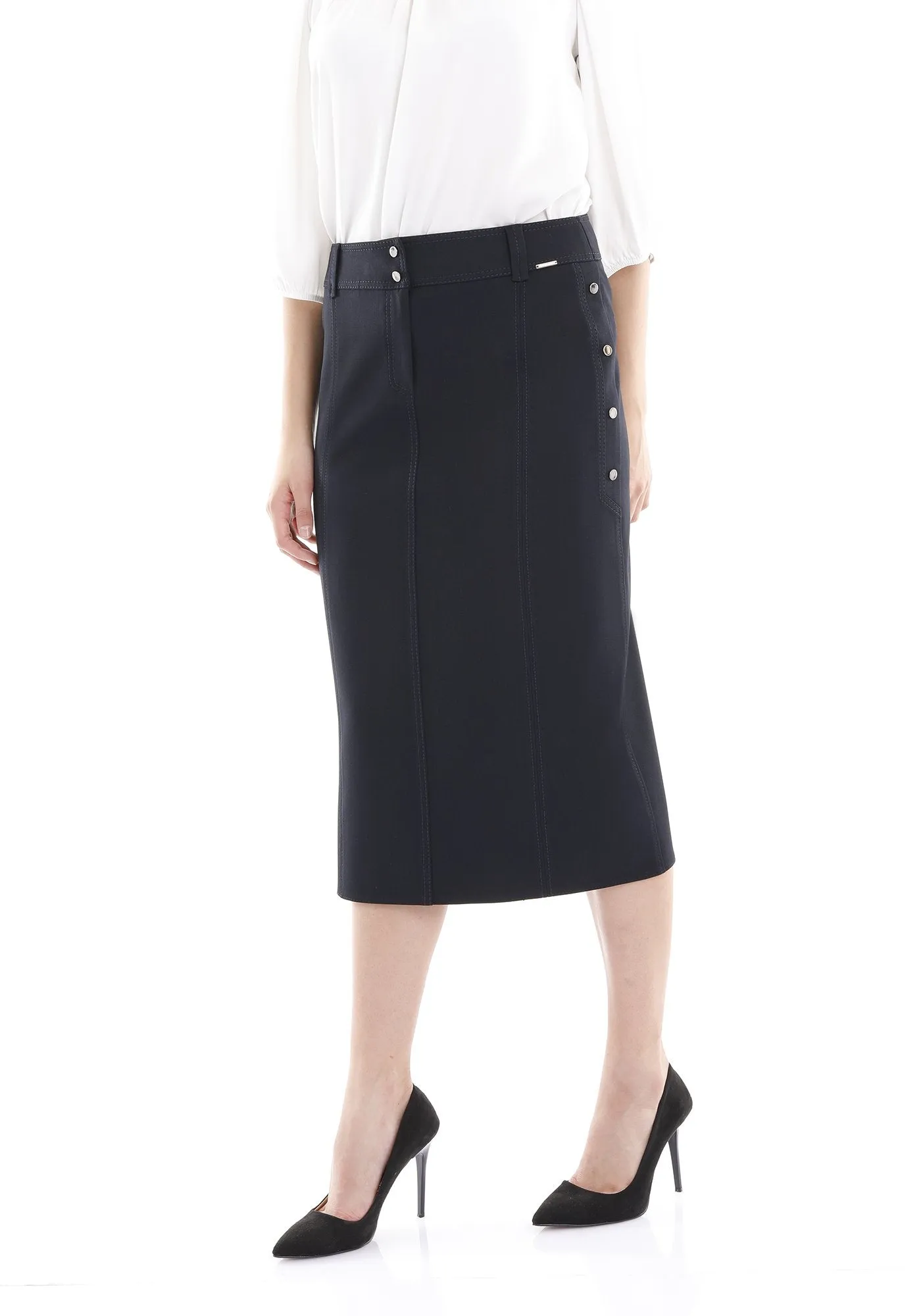 Midi Skirt Decorative Metal Snaps Side Vented