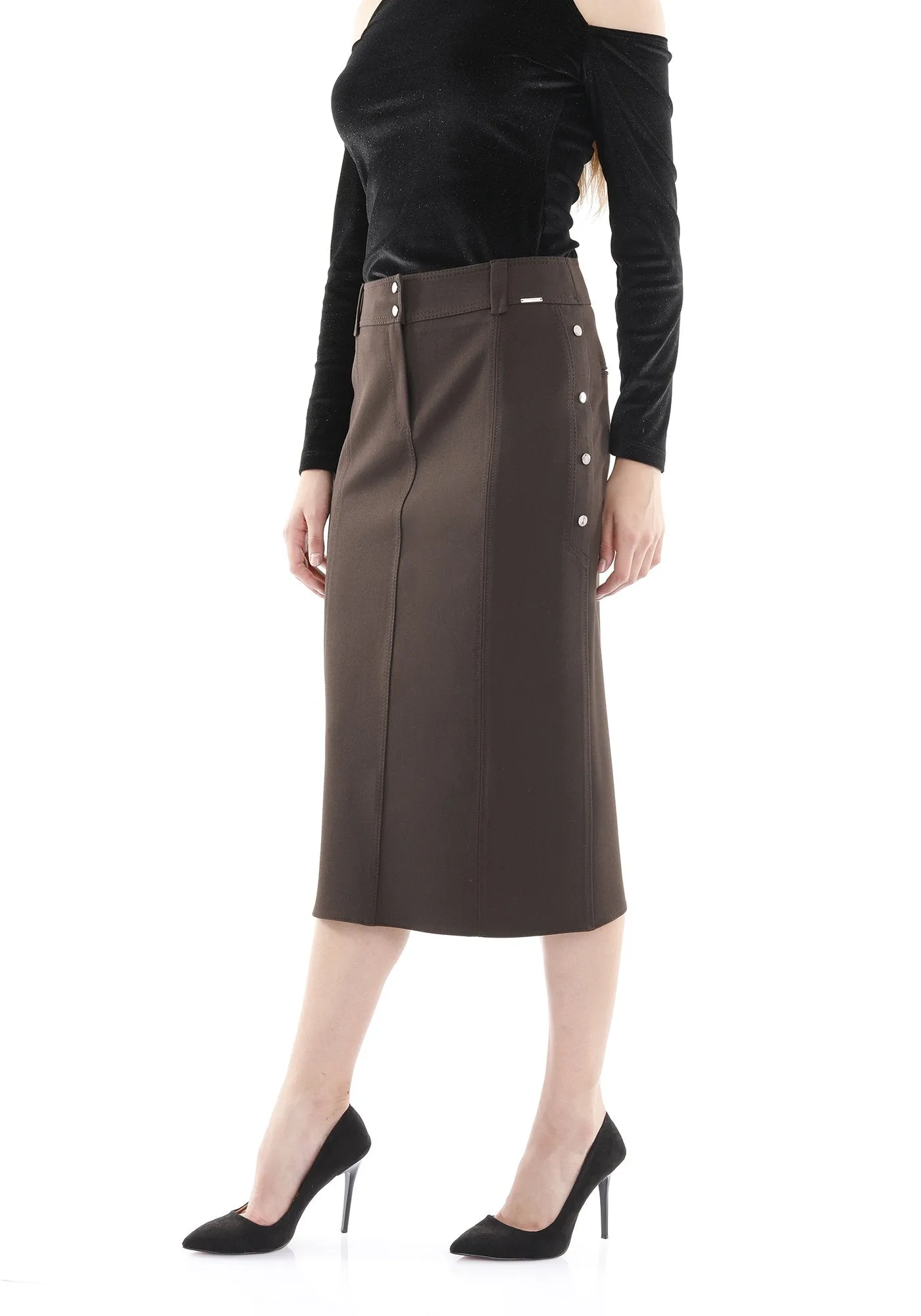 Midi Skirt Decorative Metal Snaps Side Vented