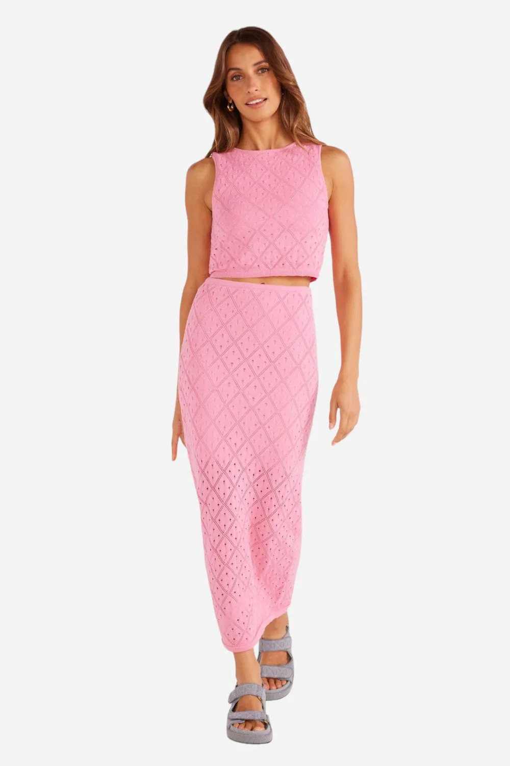 MinkPink Solano Diamond Knit Midi Skirt in Hot Pink