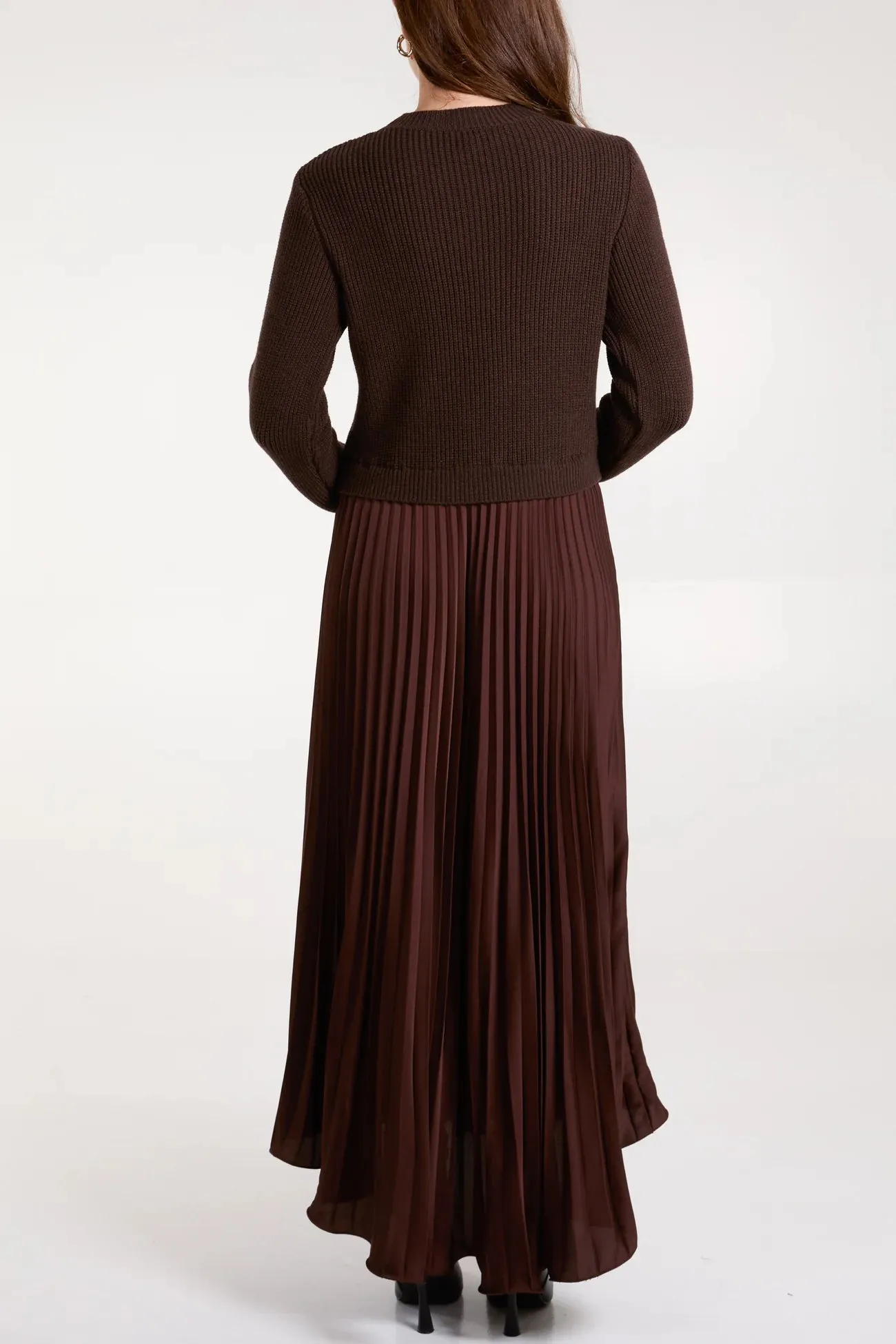 Monroe Jumper Satin Pleated Midi Dress Chocolate