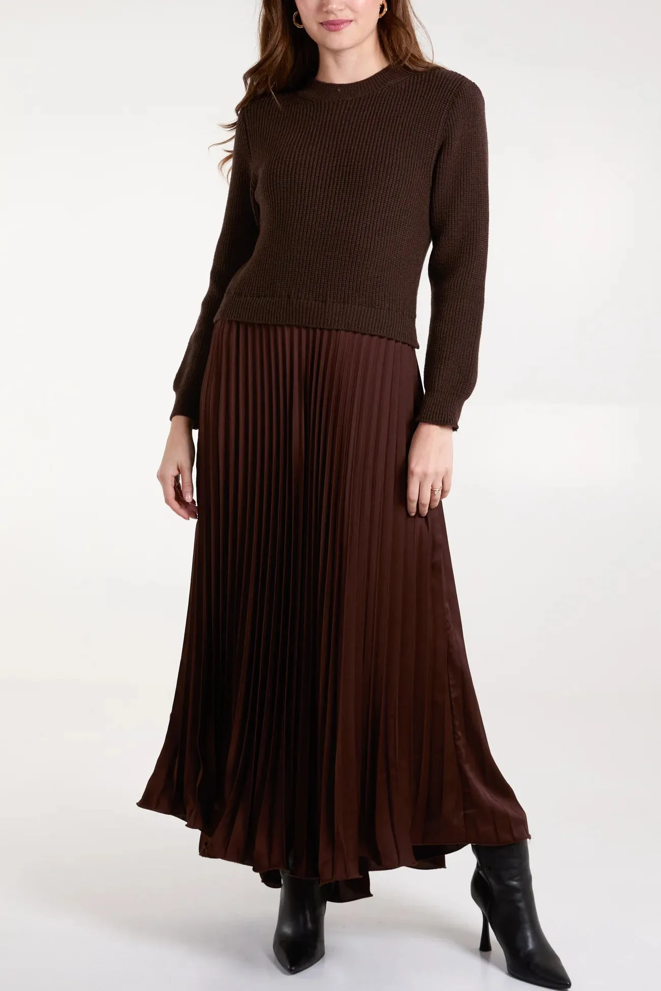 Monroe Jumper Satin Pleated Midi Dress Chocolate